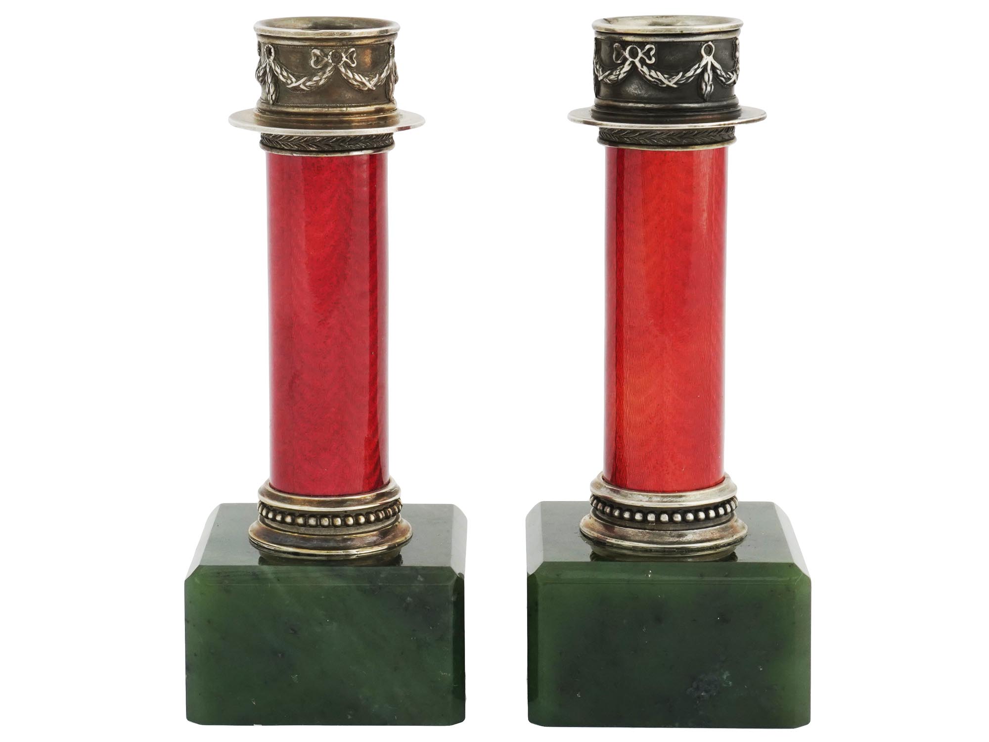 PAIR OF RUSSIAN SILVER ENAMEL JADE CANDLESTICKS PIC-0